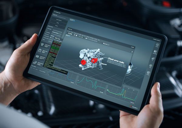 A person is holding a tablet with a 3d model of a car engine on it.