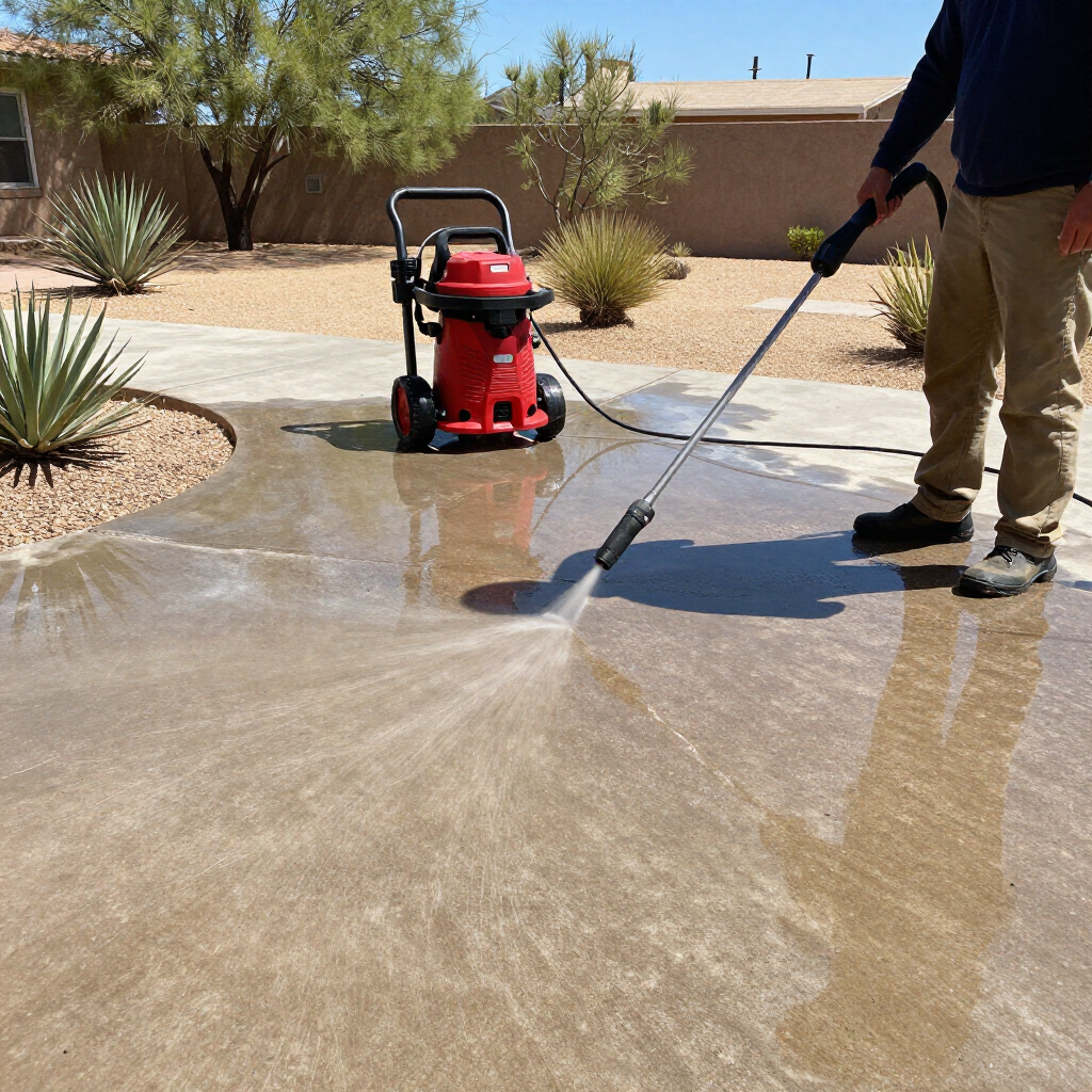 Person pressure-washing a concrete driveway in a desert yard with a red machine. Person pressure-washing a concrete driveway in a desert yard with a red machine.
