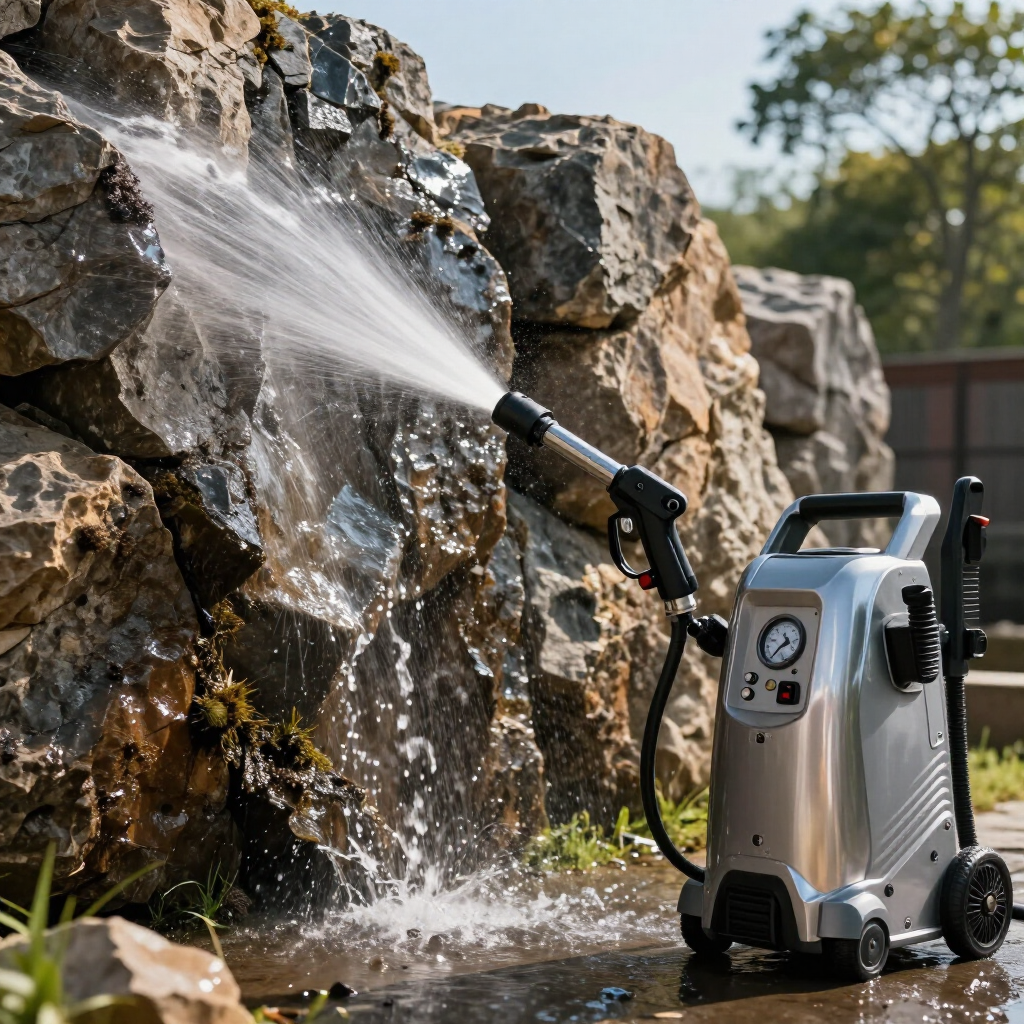 Pressure washer spraying water onto a rocky wall outdoors Pressure washer spraying water onto a rocky wall outdoors