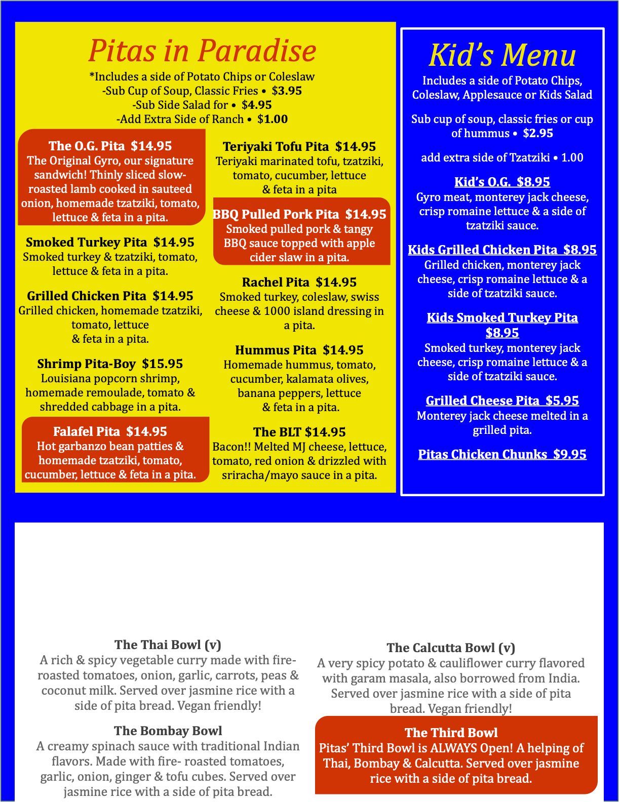 A menu for pita 's in paradise and kid 's menu