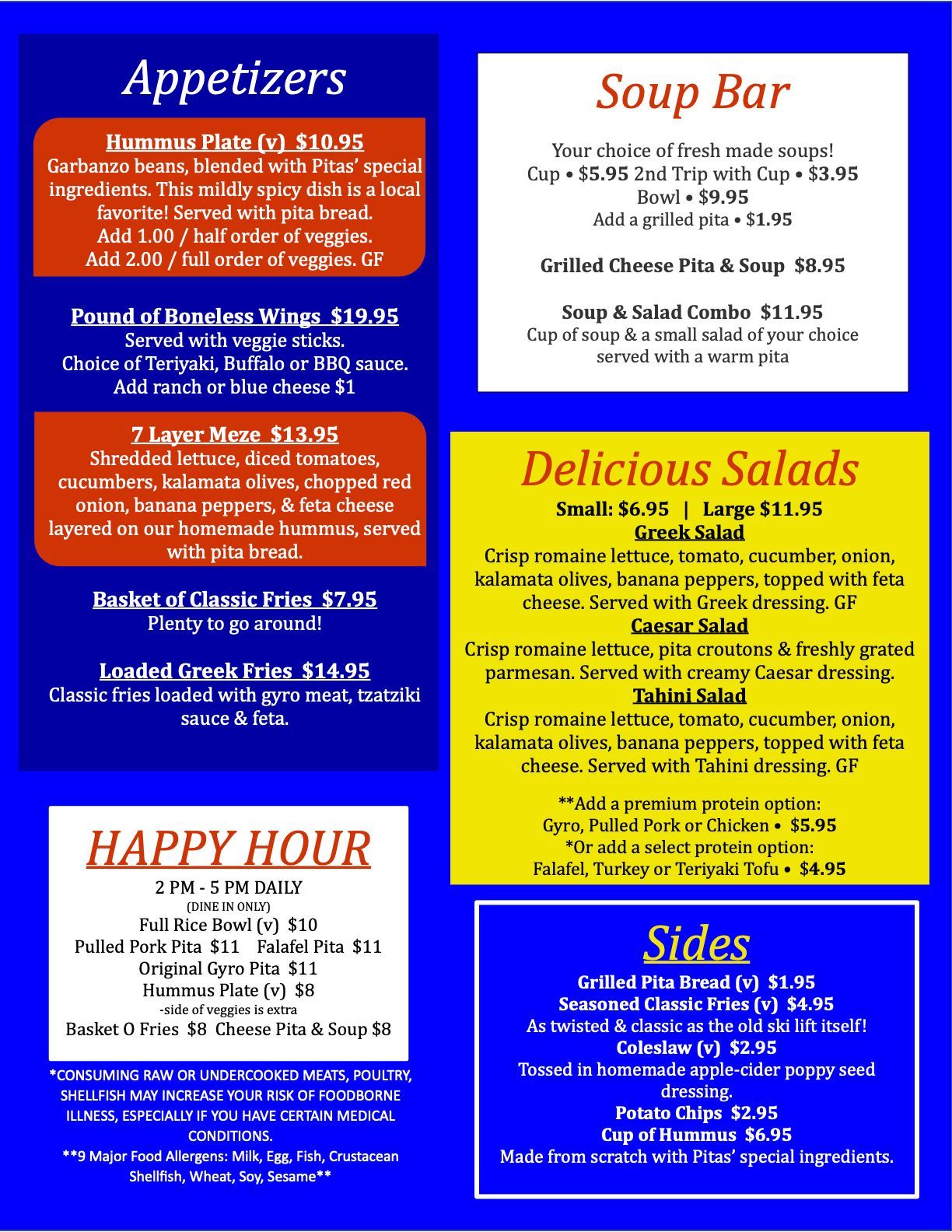 A menu for a restaurant includes appetizers soup bar and delicious salads