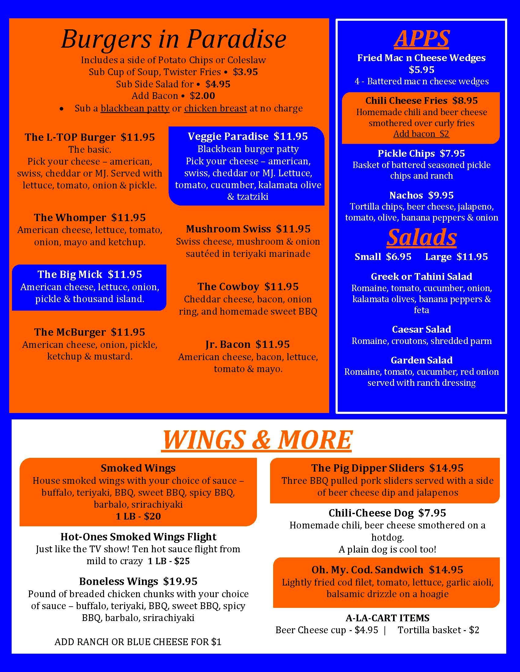 A blue and orange menu for burgers in paradise