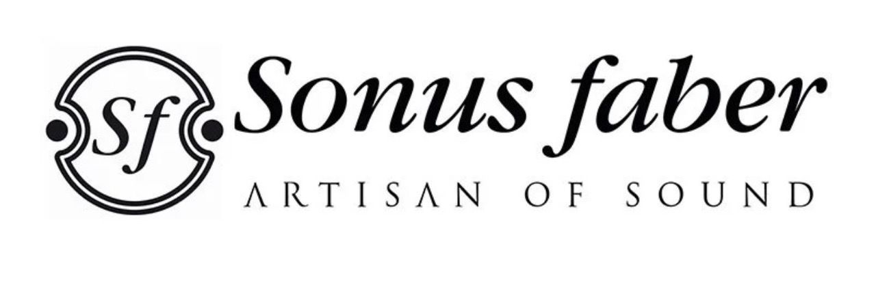 Sonus faber logo featuring a violin-inspired symbol with 
