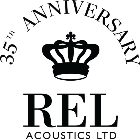 REL Acoustics Ltd 35th Anniversary logo featuring a black crown icon above the brand name on a white background.