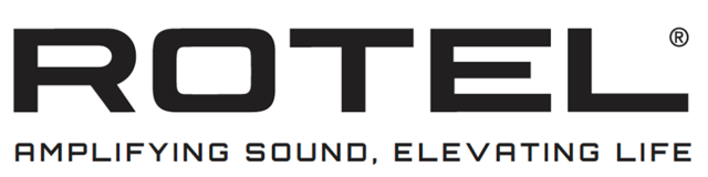 Rotel logo in black font on a white background with the tagline 