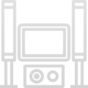 A minimalist line-art icon of a home theater system with two tall speakers, a television, and a media console.