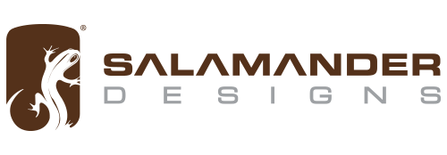 The Salamander Designs logo, featuring a white lizard silhouette inside a brown rectangle next to the company name.