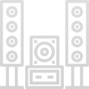 A light gray line icon showing a home theater speaker system with two tall tower speakers and a center unit.