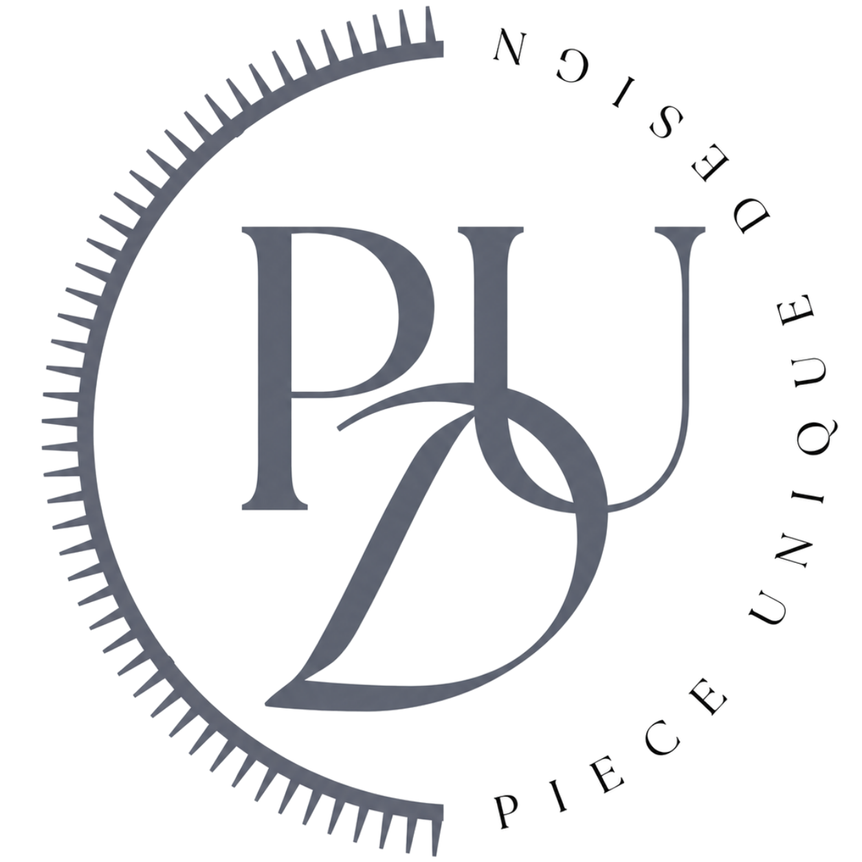Logo monogramme avec lettres DJP stylisées en gris, entouré d'une bordure circulaire en dents de scie et d'un texte incurvé.
