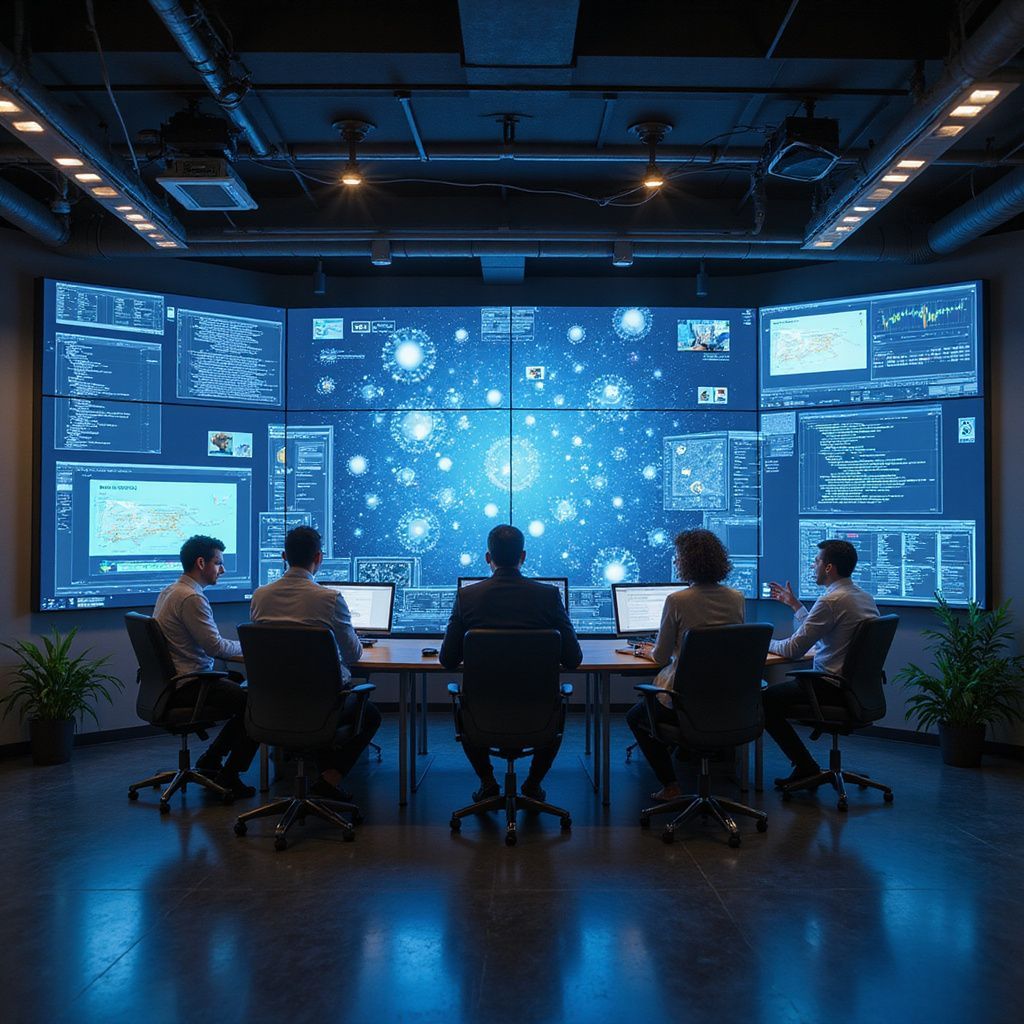 People in a dark room with computers and large screens displaying data and code.