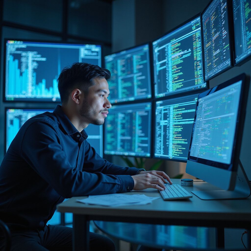 Man working at desk, surrounded by monitors displaying code, in a dimly lit room.