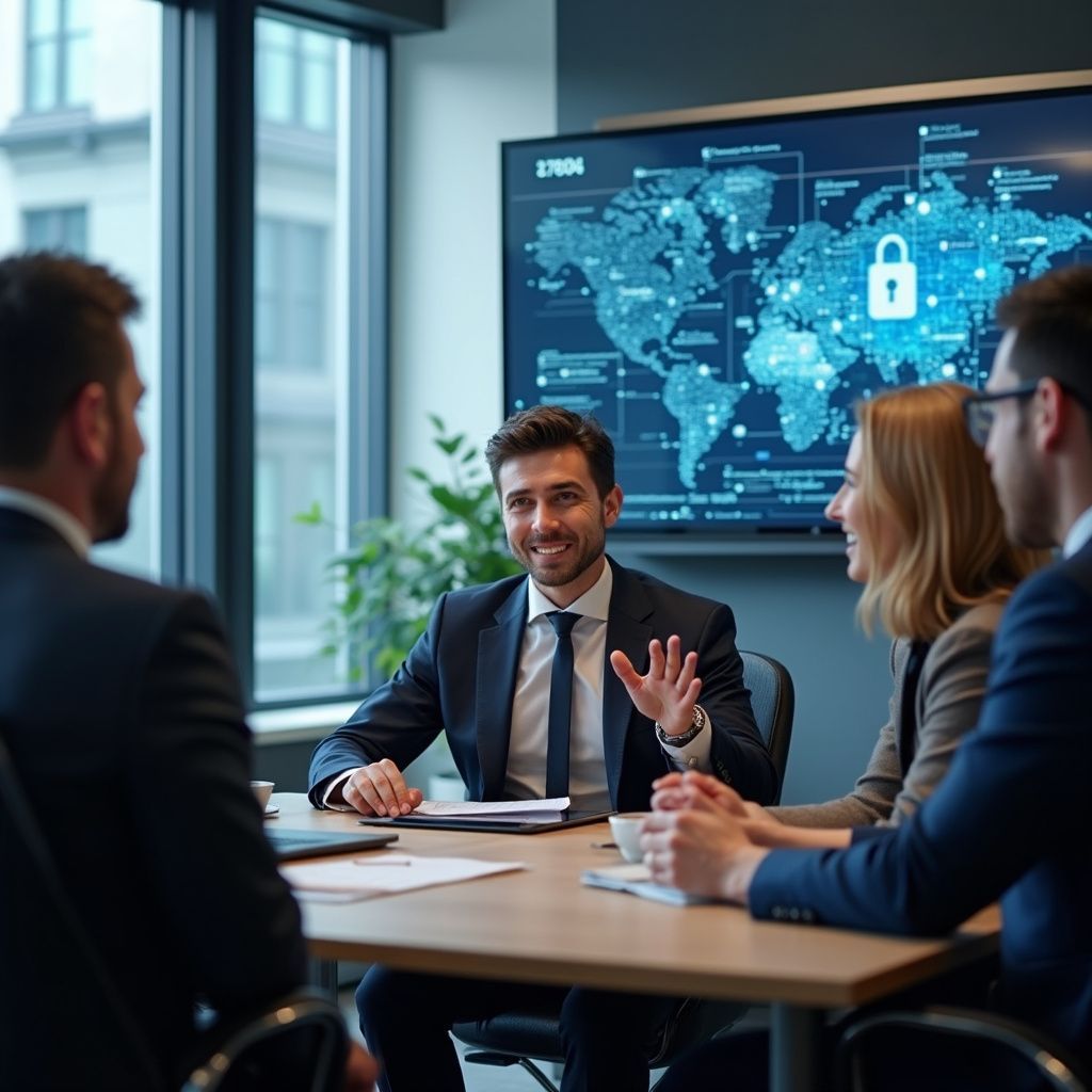 Business meeting around a table, cybersecurity map displayed, smiling man gestures, others listen.