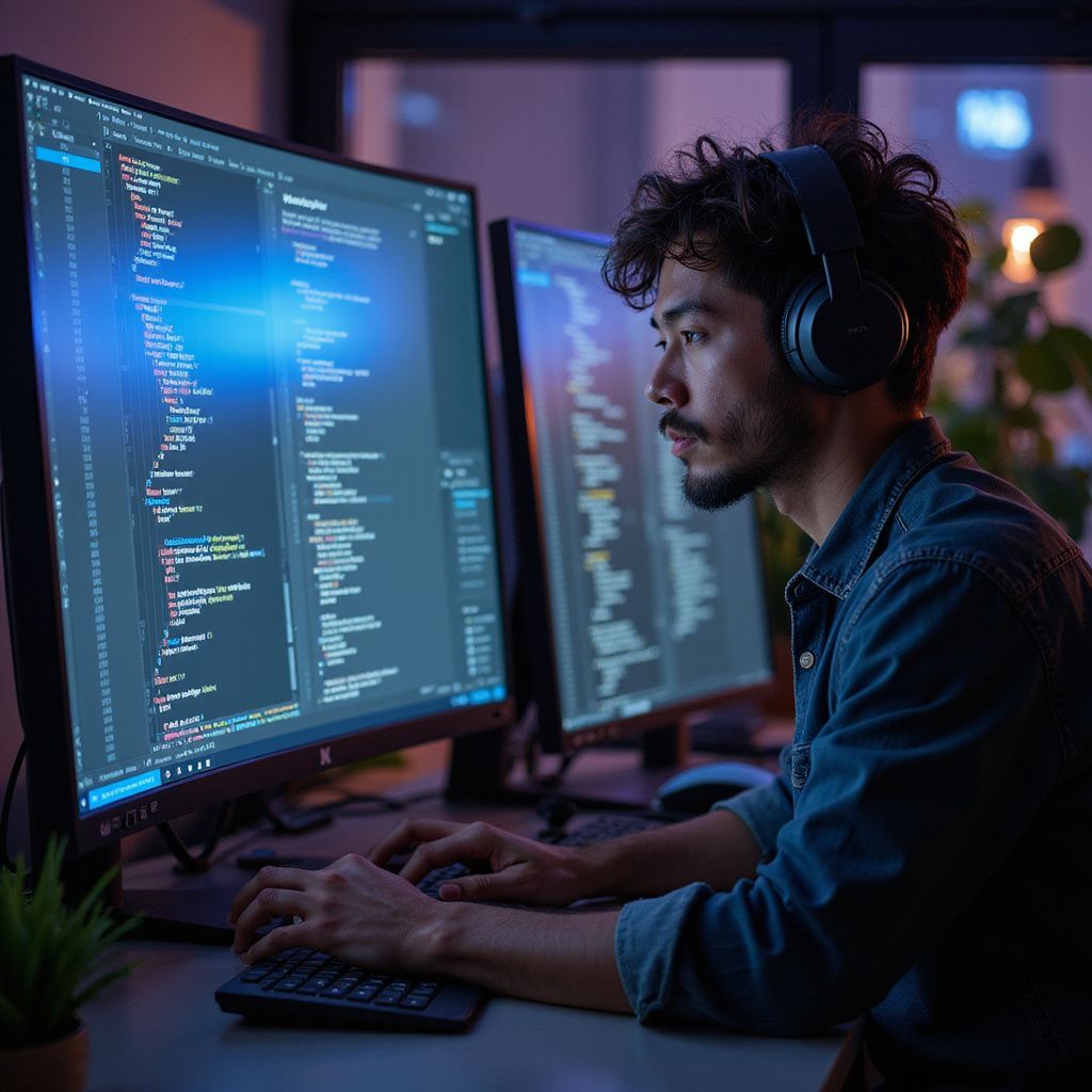 Man wearing headphones, typing at a keyboard, focused on two computer screens with code, in a dimly lit room.