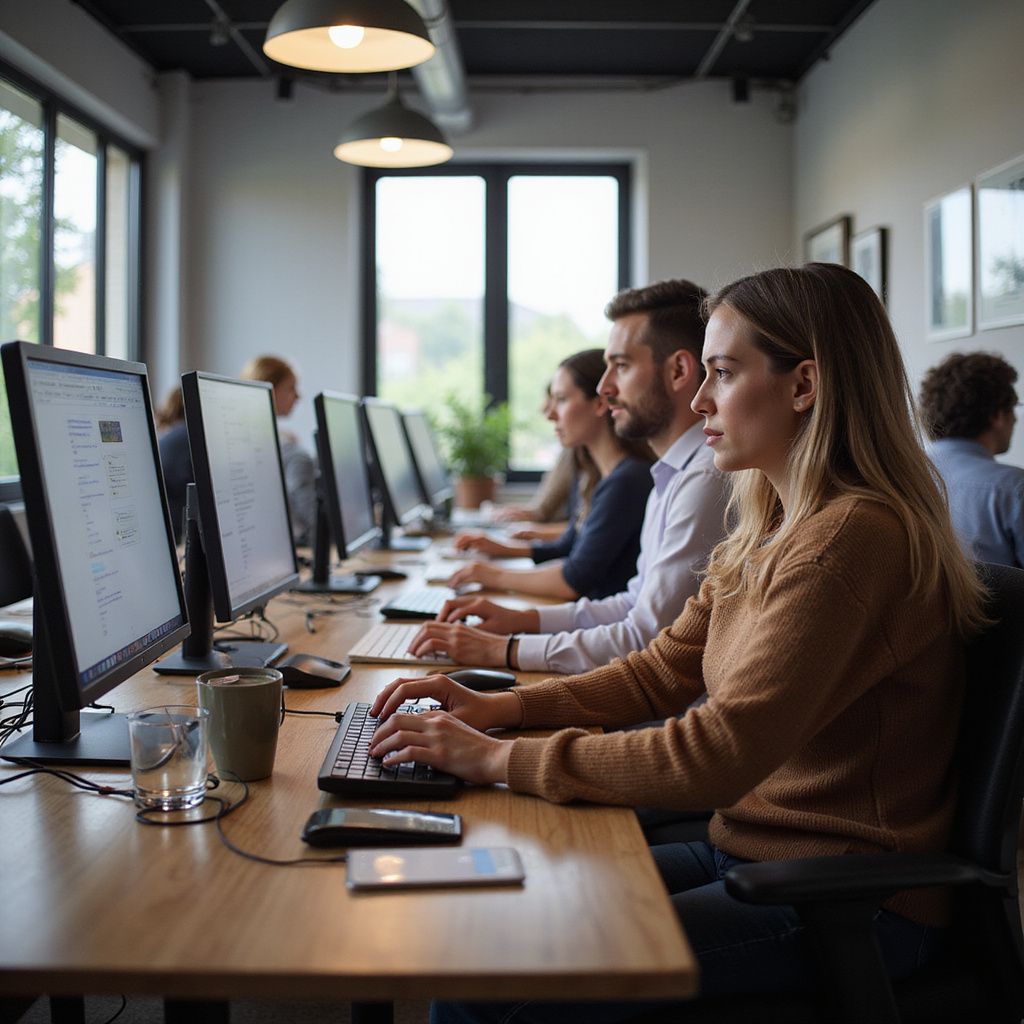 People working on computers at desks in an office.