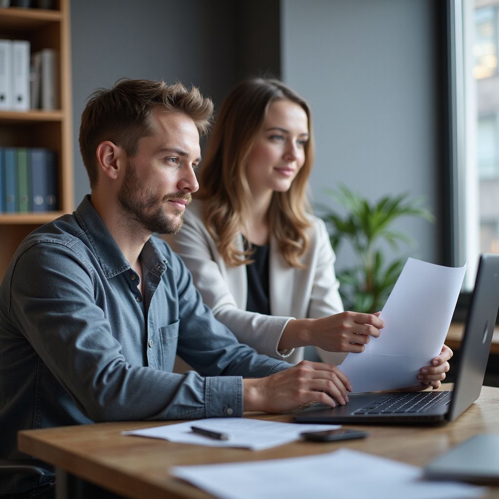 Man and woman looking at a laptop and documents at a wooden table in an office.