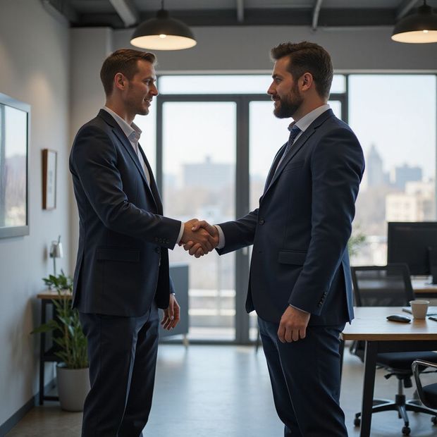 Two men in suits shaking hands in an office, likely after a deal.