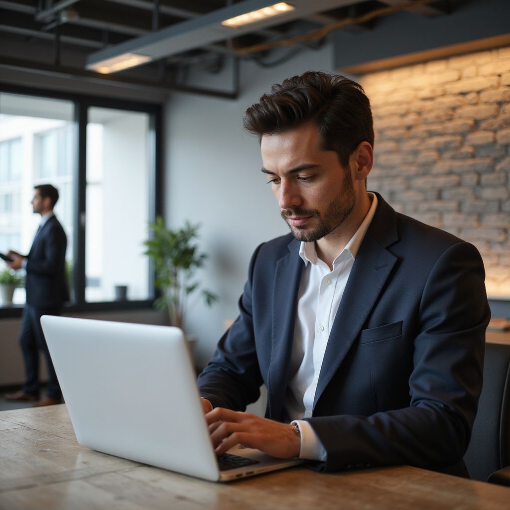 Man in suit typing on laptop in office setting. Another person visible in the background.