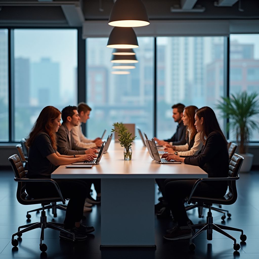 People working on laptops at a long table in a modern office with large windows.