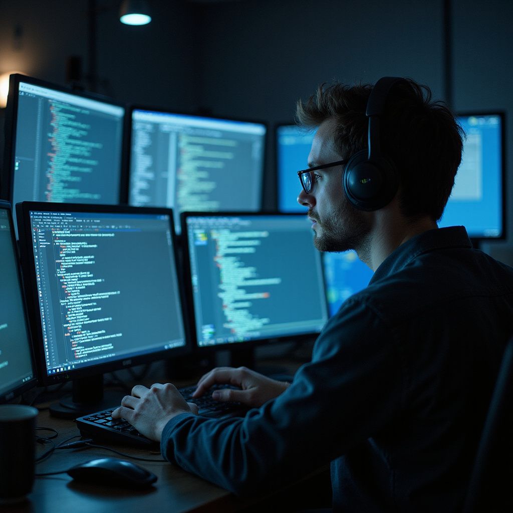A person wearing headphones and glasses codes at a desk with multiple computer monitors displaying code.