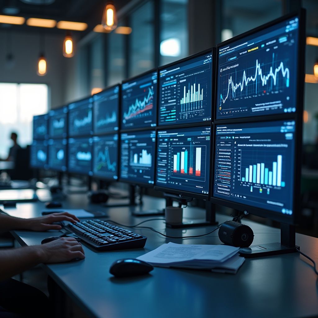Person using a keyboard, looking at a bank of computer monitors displaying data graphs and charts in an office setting.
