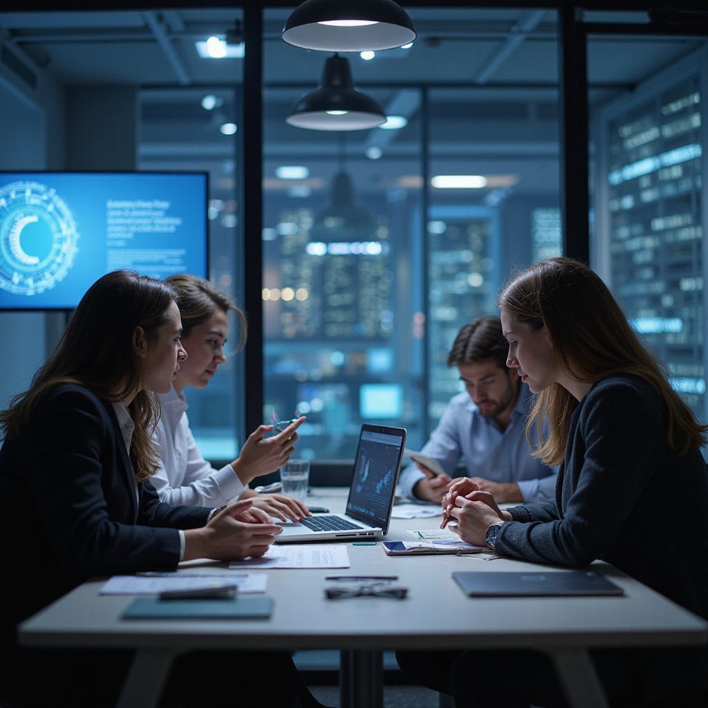 Business team in a dark office meeting, looking at laptop and screen with data. City lights visible outside.