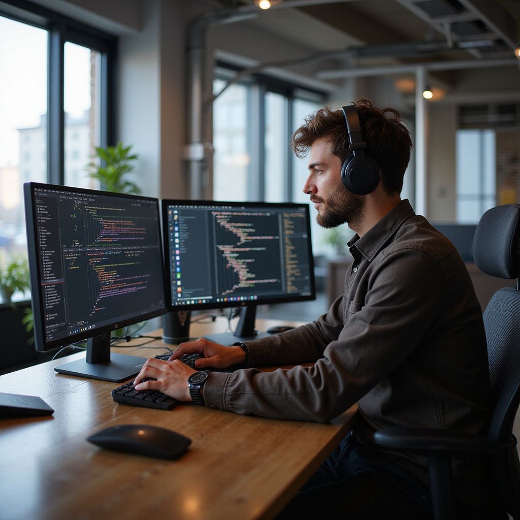 Man with headphones coding at a desk with two monitors in an office.