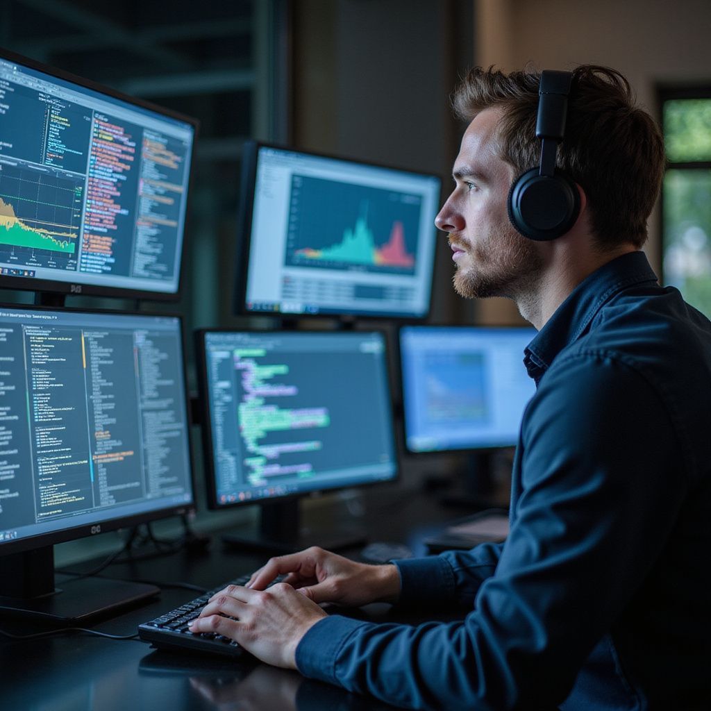 Man wearing headphones, working at a computer with multiple screens displaying graphs and code. Dark, professional setting.