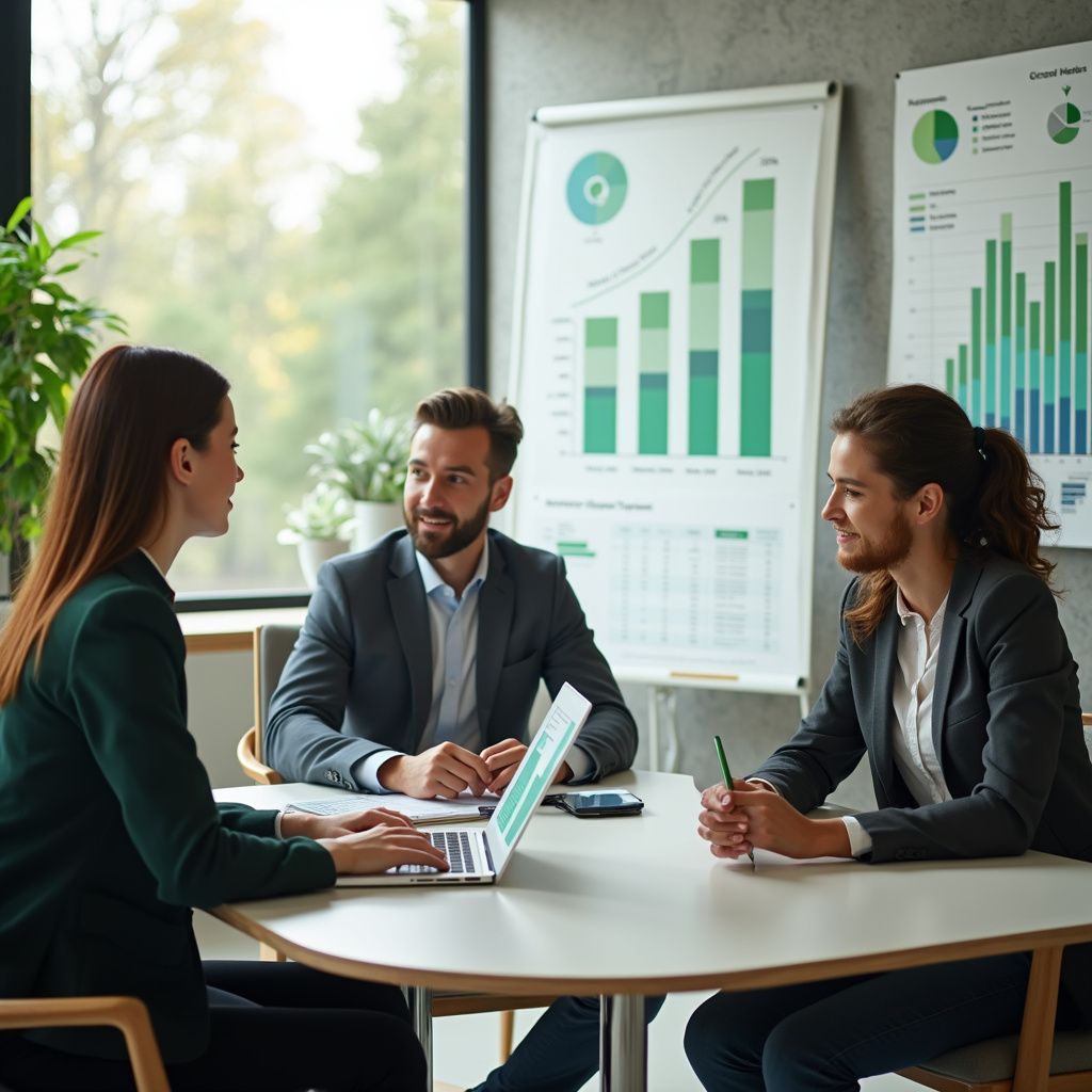 Three people in business attire in a meeting room, reviewing financial graphs on charts and a laptop.