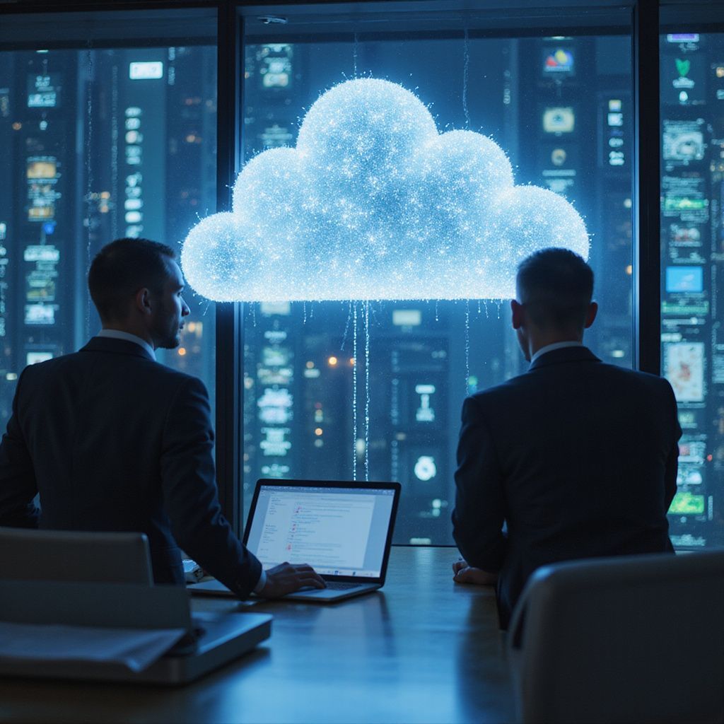 Two men in suits look at a glowing cloud in a window, laptop open on a table. City view in background.
