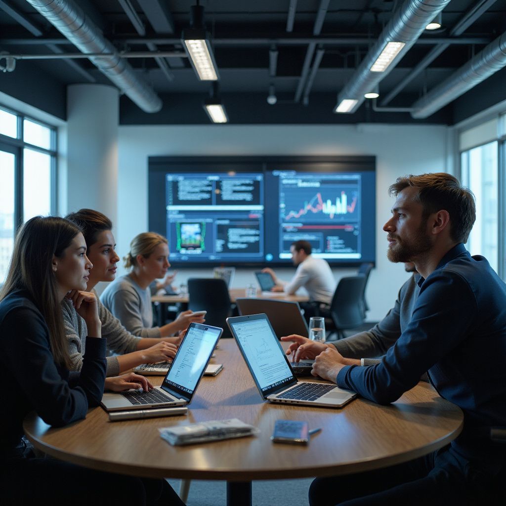 People in a modern office meeting, working on laptops around a table. A large screen displays data.