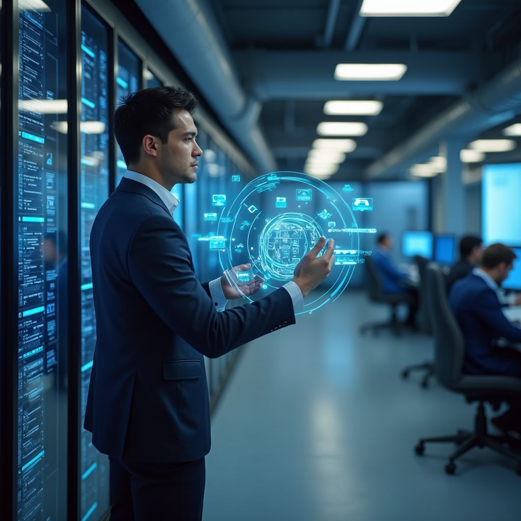 Man in suit interacting with a holographic interface in a server room.