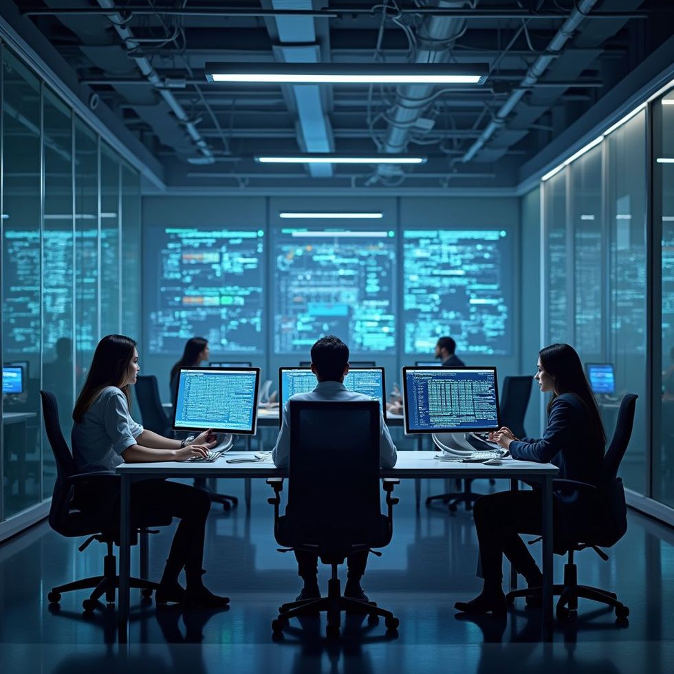People working in a modern office with monitors and data visualizations.
