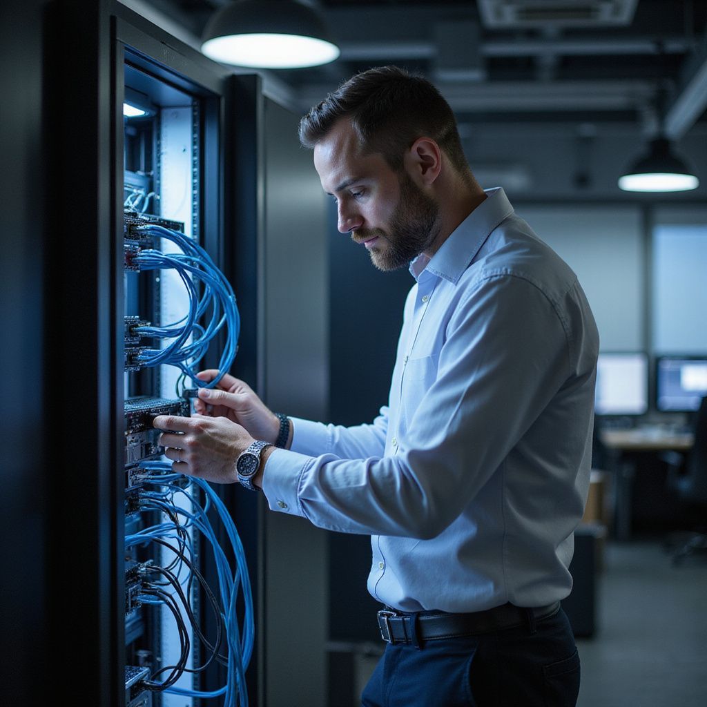 Man working on server rack in a data center.