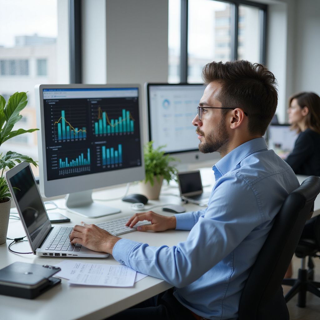 Man at computer with data charts, typing, in office setting.