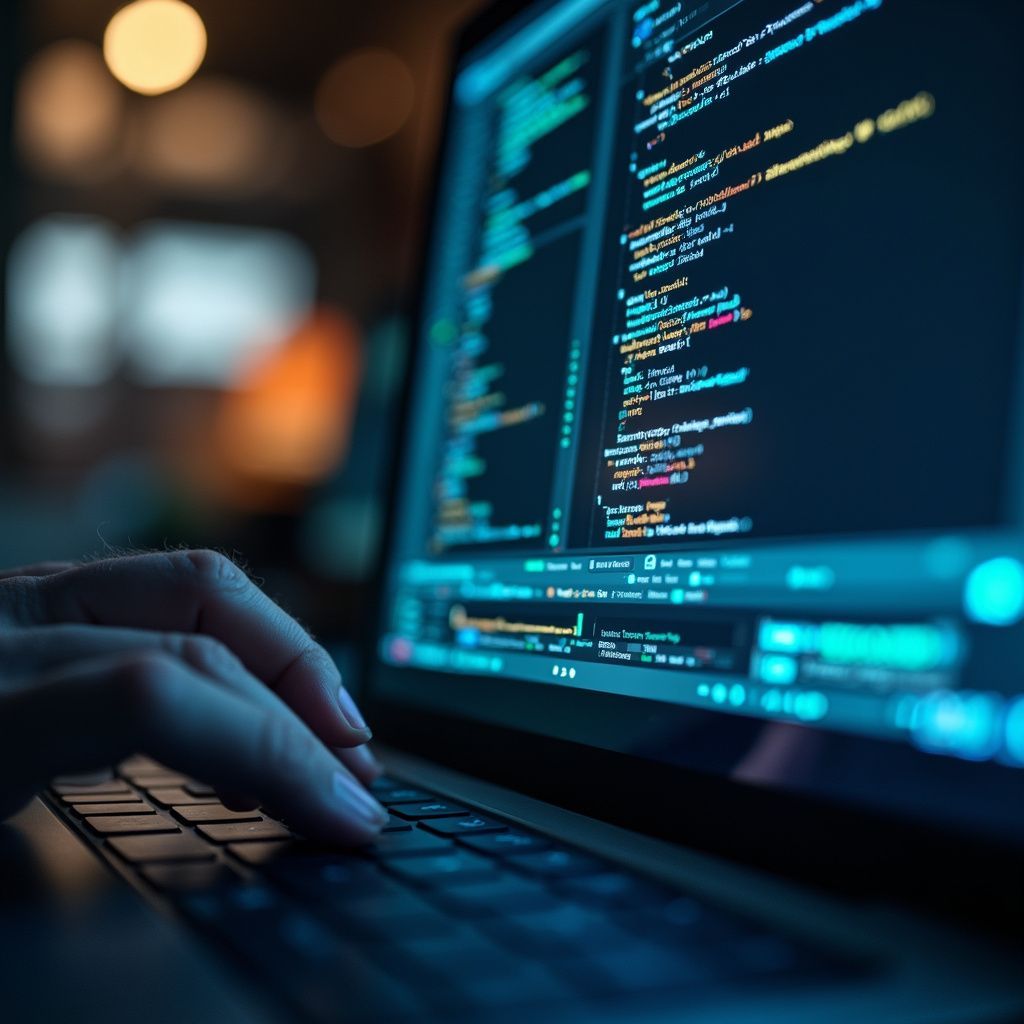 Person's hand typing on a laptop with code displayed on the screen; dark blue color scheme.