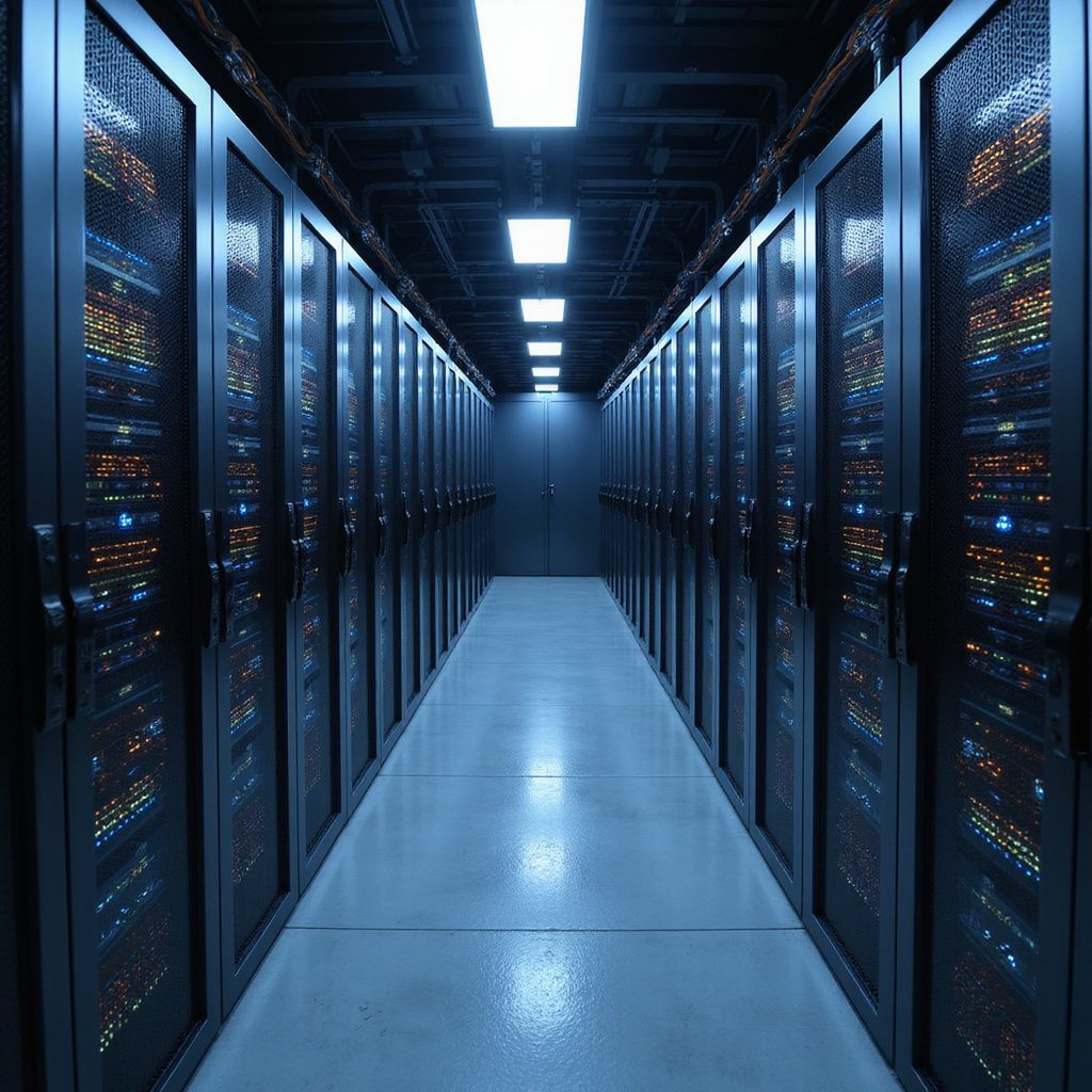 A server room with rows of dark cabinets and a bright hallway.