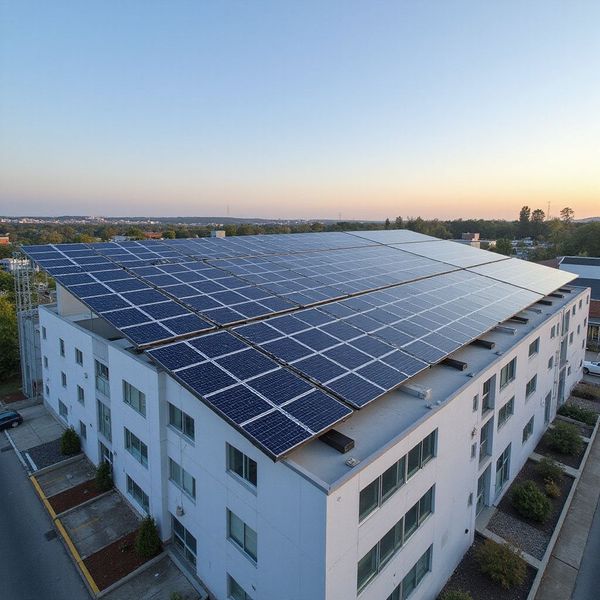 Rooftop solar panels on a white multi-story building under a clear blue sky.