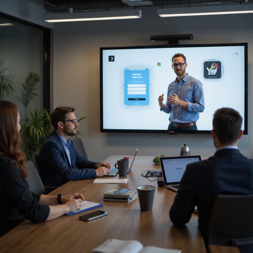 Three people in a meeting room watching a video presentation on a large screen.