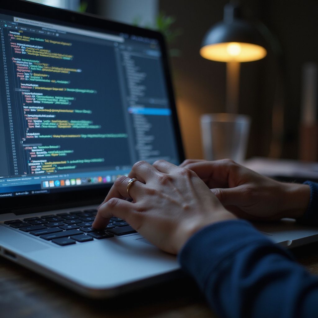 Hands typing on laptop displaying code, illuminated by a desk lamp.