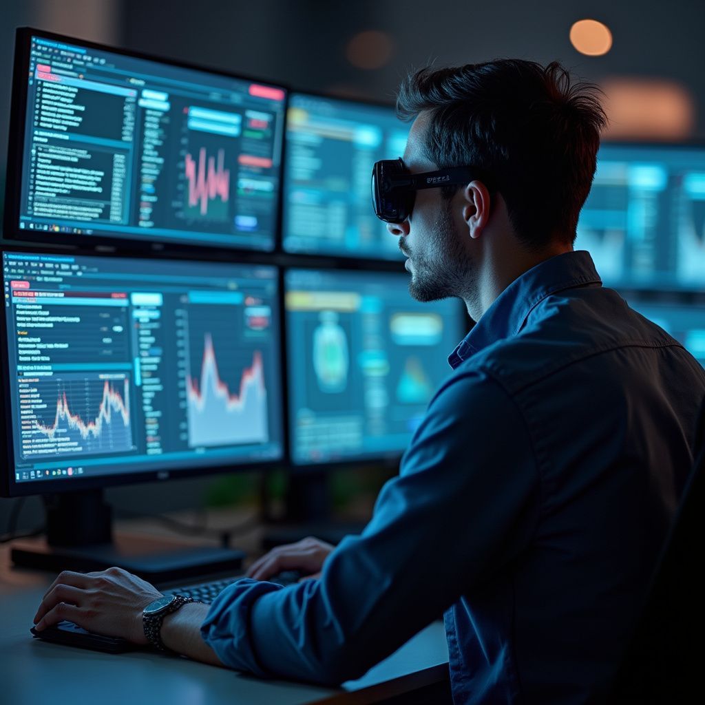 Man wearing VR headset, using multiple computer monitors displaying data and graphs in a dark office.