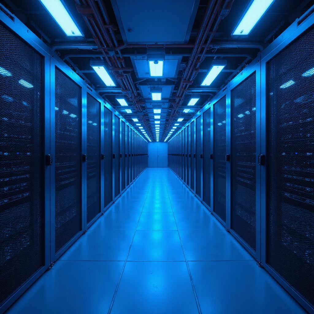 Blue-lit server room. Rows of servers line the hallway. Overhead lights illuminate the metallic structure.