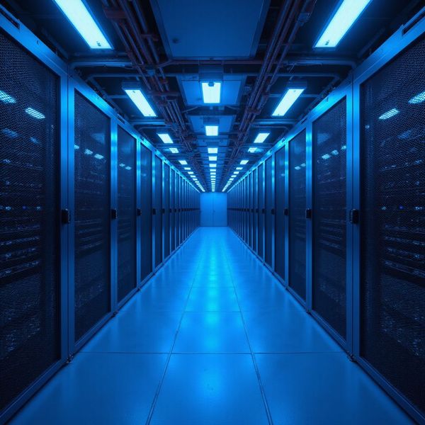 Blue-lit server room. Rows of servers line the hallway. Overhead lights illuminate the metallic structure.