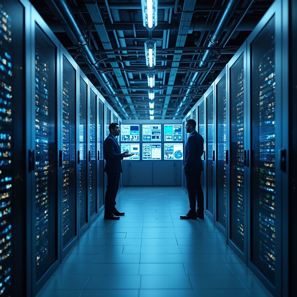 Two men in suits stand in a server room, discussing data displays. Blue lights illuminate the hallway.
