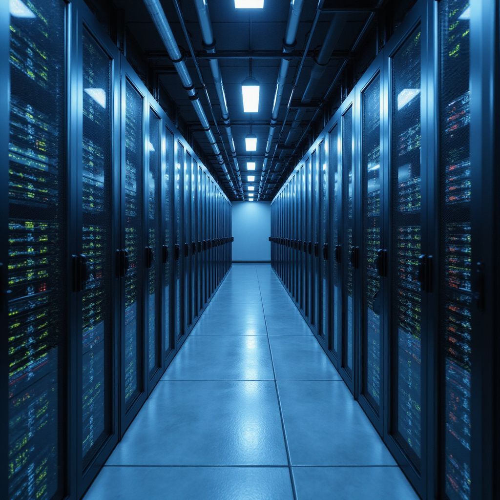 Server room with rows of dark cabinets and a long hallway lit by overhead lights.