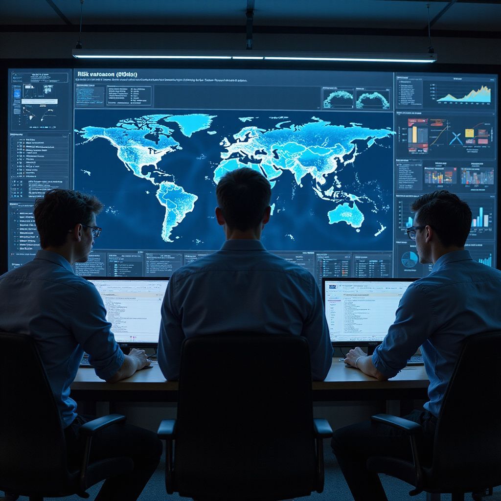 Three people monitor computer screens in a dark room with a world map graphic on a large display.