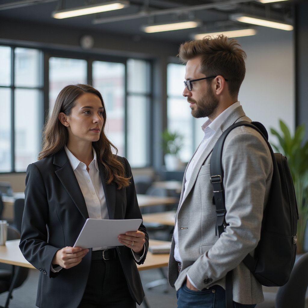 Woman in a black suit holds paperwork, speaking with a man in a blazer and glasses, standing in an office.
