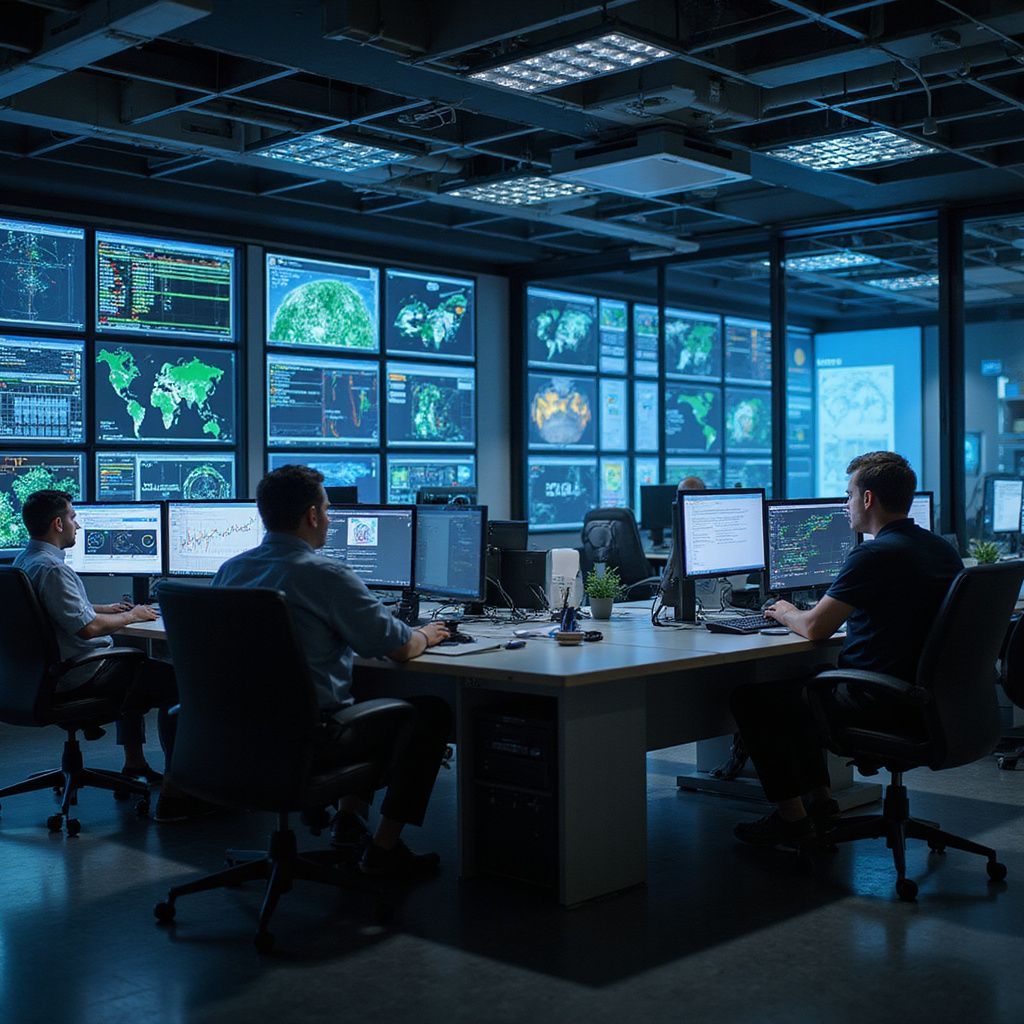 People monitor computer screens in a dark control room, displaying data and maps.