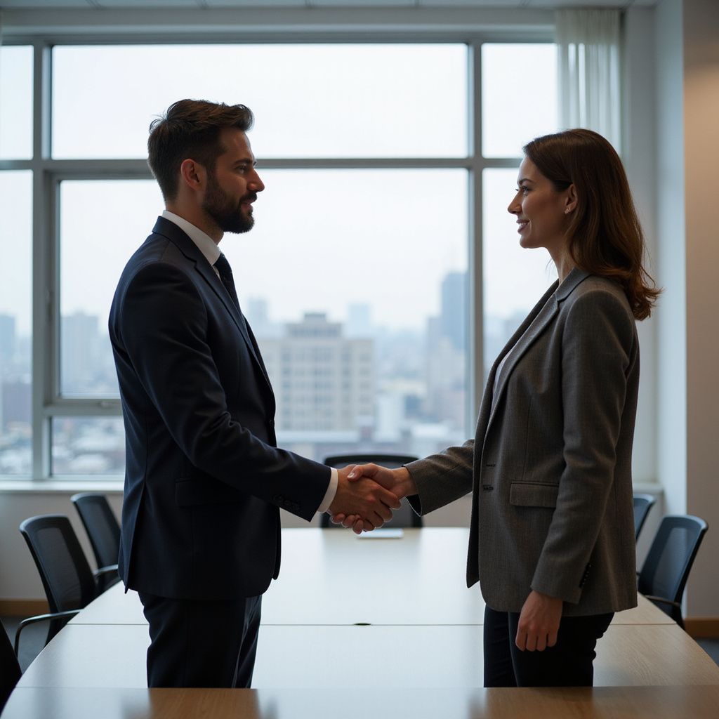Two people in business attire shaking hands in a bright office, smiling.