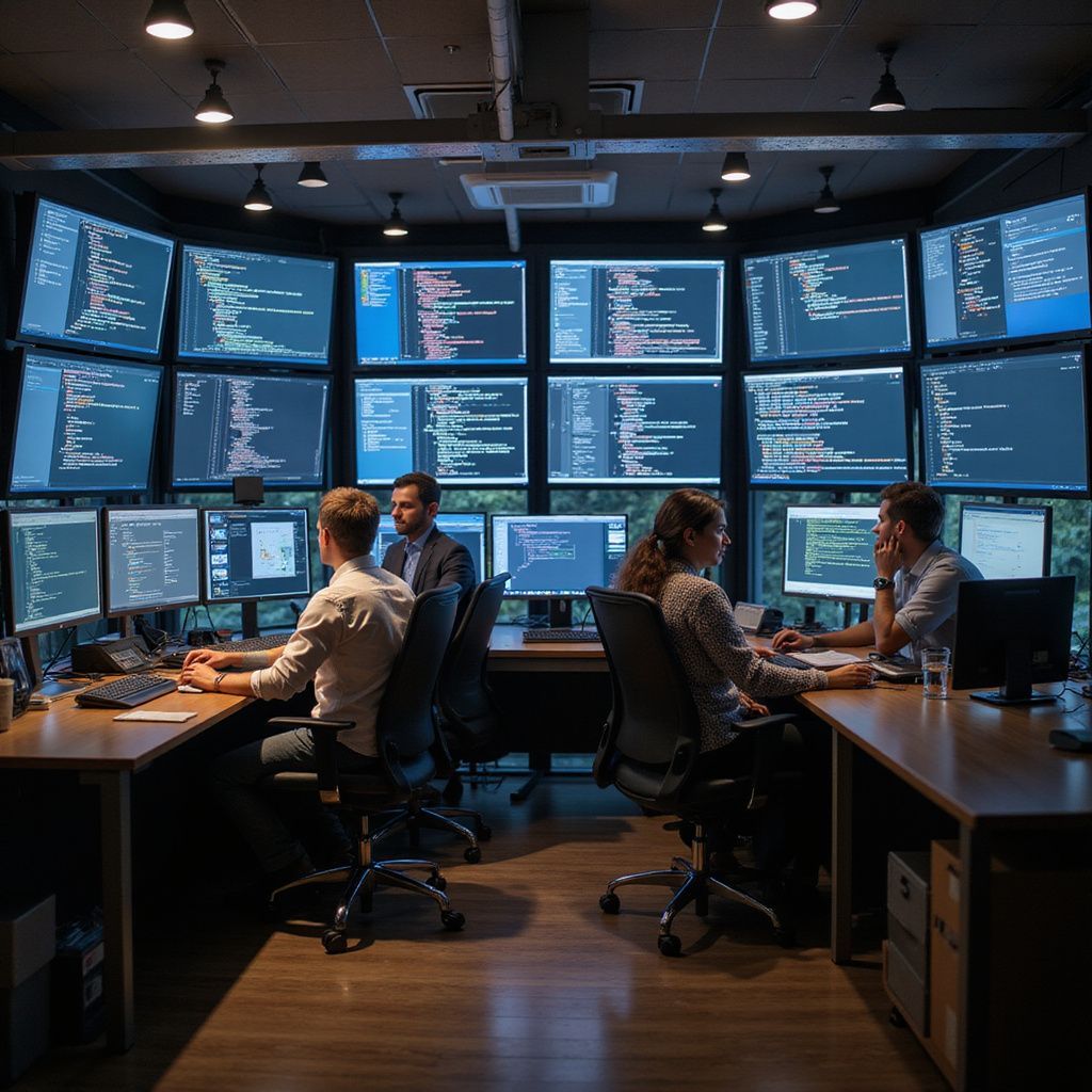 People working in a dark room with many computer screens displaying code.