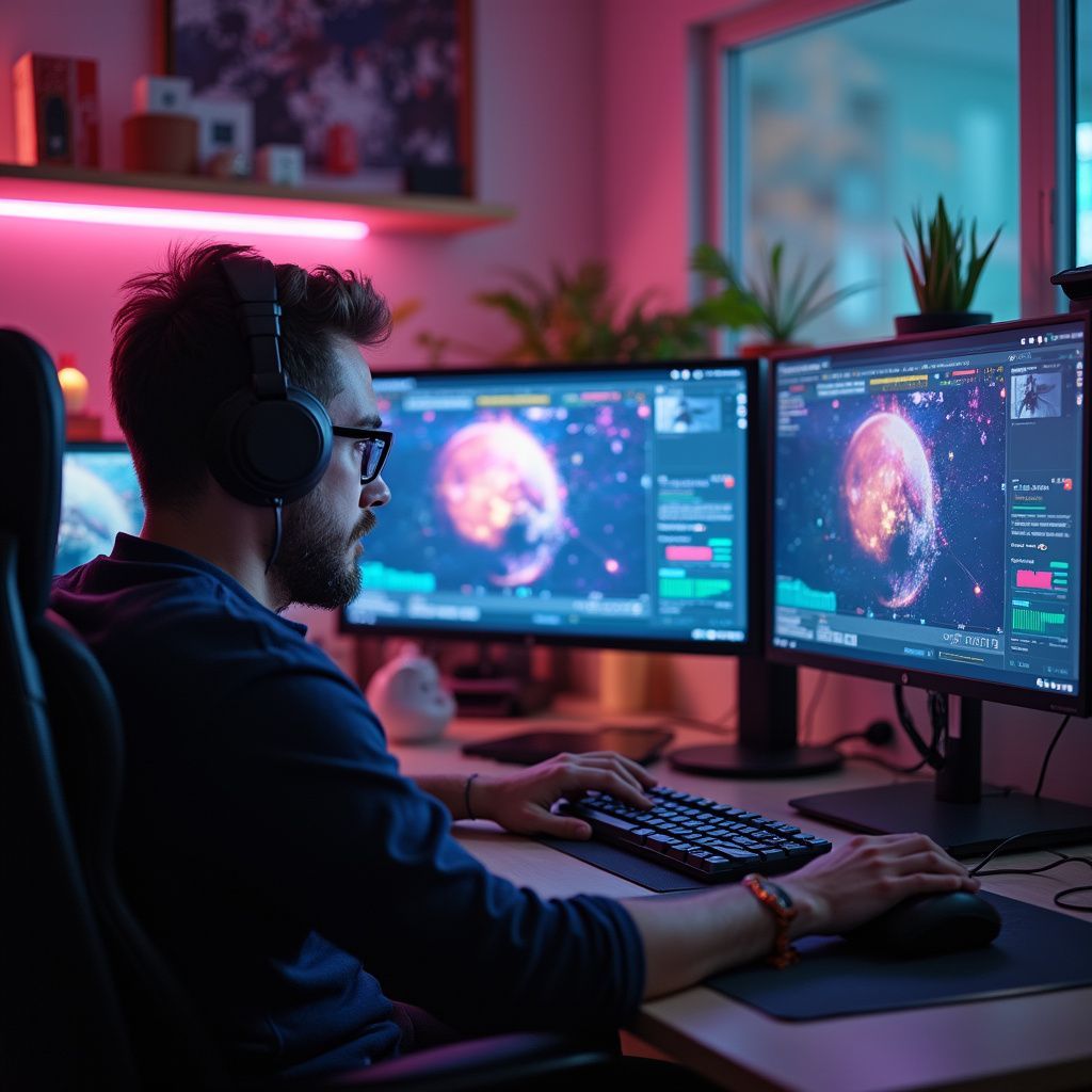 Man wearing headphones, sits at desk with multiple monitors, playing a video game in a room with pink and blue lights.